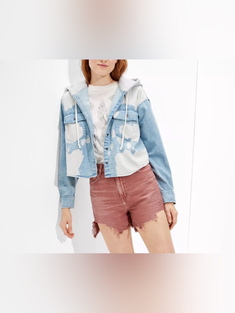 American Eagle Outfitters Light Blue and White Hooded Denim Jacket